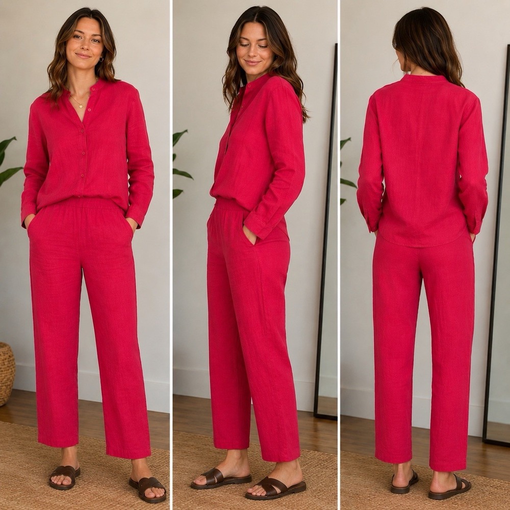 Eileen Fisher XS S Red Silk Linen Two Piece Button Shirt Pants Set Quiet Luxury